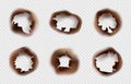 Burnt holes. Scorched paper or pergament hole. Fire in cracked dirty hole. Realistic vector set on transparent.