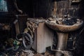 Burnt house interior. Burned burnt bathroom, Fused remains of furniture and washing machine