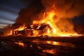 burnt houses engulfed in fire and smoke at night
