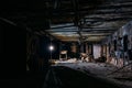 Burnt interior of industrial building basement. Walls in black soot after fire Royalty Free Stock Photo