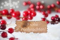 Burnt Label, Snow, Bokeh, Text Frohe Weihnachten Means Merry Christmas Royalty Free Stock Photo