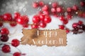 Burnt Label, Snow, Snowflakes, Text Happy Weekend Royalty Free Stock Photo
