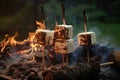 burnt marshmallow skewers near extinguished fire