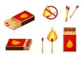 Burnt match stick with fire and matchbox. Set of boxes, opened and close isplated on white background. Vector Royalty Free Stock Photo