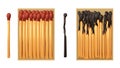 Burnt match stick with fire and matchbox. Set of boxes, opened and close isplated on white background. Vector Royalty Free Stock Photo