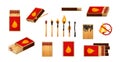 Burnt match stick with fire and matchbox. Set of boxes, opened and close isplated on white background. Vector Royalty Free Stock Photo