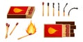 Burnt match stick with fire and matchbox. Set of boxes, opened and close isplated on white background. Vector Royalty Free Stock Photo