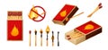 Burnt match stick with fire and matchbox. Set of boxes, opened and close isplated on white background. Vector Royalty Free Stock Photo