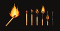 Burnt match stick with fire. Set of matchsticks with sulfur head flaming stages from ignition to extinction. Cartoon Royalty Free Stock Photo
