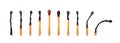 Burnt match stick with fire. Set of matchsticks with sulfur head flaming stages from ignition to extinction. Cartoon Royalty Free Stock Photo