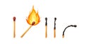 Burnt match stick with fire. Set of matchsticks with sulfur head flaming stages from ignition to extinction. Cartoon Royalty Free Stock Photo