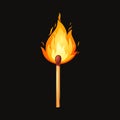 Burnt match stick with fire. Whole, ignite wooden matchstick. Cartoon safety isolated on black background. Vector Royalty Free Stock Photo