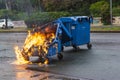 Burnt and melted trash bin from fire in the city of Athens after a demonstration event