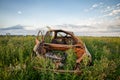 Burnt old car parked in tall weeds Royalty Free Stock Photo