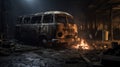 Burnt Out Bus In The Night: A Post-apocalyptic Imagery In 8k Resolution