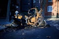 Burnt out moped on street of London on sunny day with winter sun Royalty Free Stock Photo