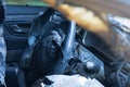 Burnt-out passenger car. Burnt car interior close-up. Fire in the car. Danger Royalty Free Stock Photo