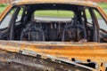 Burnt-out rusty cars on a city street, vandalism. Setting fire to cars by vandals and damage to property Royalty Free Stock Photo