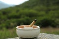 Burnt palo santo stick on stone surface in high mountains, closeup