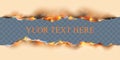 Burnt paper realistic set with isolated upper and lower borders of burning sheet with editable text and flames of fire Royalty Free Stock Photo