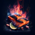 A burnt piece of salmon lies on fire. Charcoal, lemon. Fire, dark background. Generative AI content.