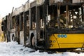 Burnt public traffic bus after caught in fire and extinguished by firefighters