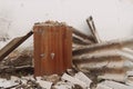 A burnt safe inside a house destroyed by shelling. War in Ukraine