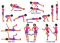 Burpees, bear crawls, hip circles, dead bug, side plank, power skips. Sport exersice. Silhouettes of woman doing exercise. Workout