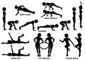 Burpees, bear crawls, hip circles, dead bug, side plank, power skips. Sport exersice. Silhouettes of woman doing exercise. Workout