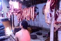 Burrabazar, Kolkata, India MAY, 2017: A seller is selling fresh raw red meat. Butcher shop for display. Burrabazar Bara Bazaar Royalty Free Stock Photo