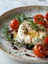 Burrata cheese with cherry tomatoes, herbs, and olive oil Royalty Free Stock Photo