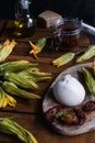 Burrata cheese, dried tomatoes, zucchini flowers, olive oil on rustic wooden table