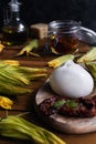 Burrata cheese, dried tomatoes, zucchini flowers, olive oil on rustic wooden table