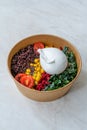 Burrata Cheese with Healthy Black Rice Protein Salad, Turmeric Chickpea, Kale, Cherry Tomatoes / Forbidden rice or Oryza Sativa Royalty Free Stock Photo