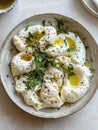 Burrata cheese with herbs and olive oil in a ceramic bowl Royalty Free Stock Photo