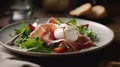 burrata cheese with Italian delicatessen salad with parma ham slices on white plate. Burrata with Parma ham. Generative AI Royalty Free Stock Photo