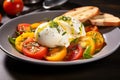 Burrata with cheese pairs perfectly with fresh tomatoes, peaches lemon-thyme oil. Delicious summer meal. Generative Ai