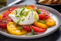 Burrata with cheese pairs perfectly with fresh tomatoes, peaches lemon-thyme oil. Delicious summer meal. Generative Ai