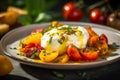 Burrata with cheese pairs perfectly with fresh tomatoes, peaches lemon-thyme oil. Delicious summer meal. Generative Ai