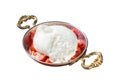 Burrata Italian cheese made from cream and milk of buffalo or cow. Isolated, white background. Royalty Free Stock Photo