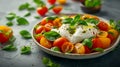 Burrata, Italian fresh cheese made from cream and milk of buffalo or cow. Burrata salad with tomatoes and salad mix. Healthy