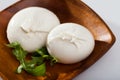 Burrata italian white cheese and arugula leaf closeup