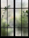 Burred monstera leaves with frosted glass of window cafe Royalty Free Stock Photo