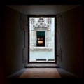 Burrell Museum in Glasgow, Polok Park, view through a stone window, historic architecture