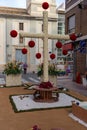 Burriana, Spain 06-05-2023: Editorial image of the exhibition of the floral elements in the form of crosses for the