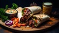 A burrito cut in half sitting on a cutting board. Generative AI image.