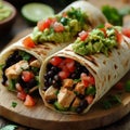 A burrito divided in half on a cutting board, with guacamole as a side Royalty Free Stock Photo