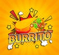 Burrito flyer on sunburst halftone background.