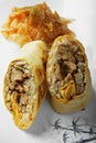 Burrito with grilled beef and kimchi closeup