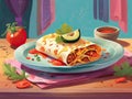 Burrito meat vegetables blue plate rustic table Royalty Free Stock Photo